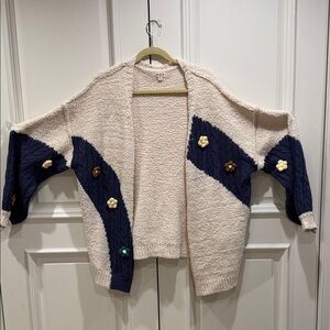 POL Soft Chenille Colorblock Slouchy Knit Cardigan with 3D Flowers-Size L-NWOT